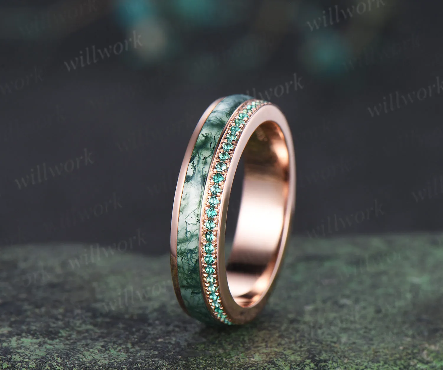 Full eternity bezel moss agate wedding band mens double line emerald rose gold ring unique engagement bridal ring for husband him sold by Willwork Jewelry product image thumbnail 5
