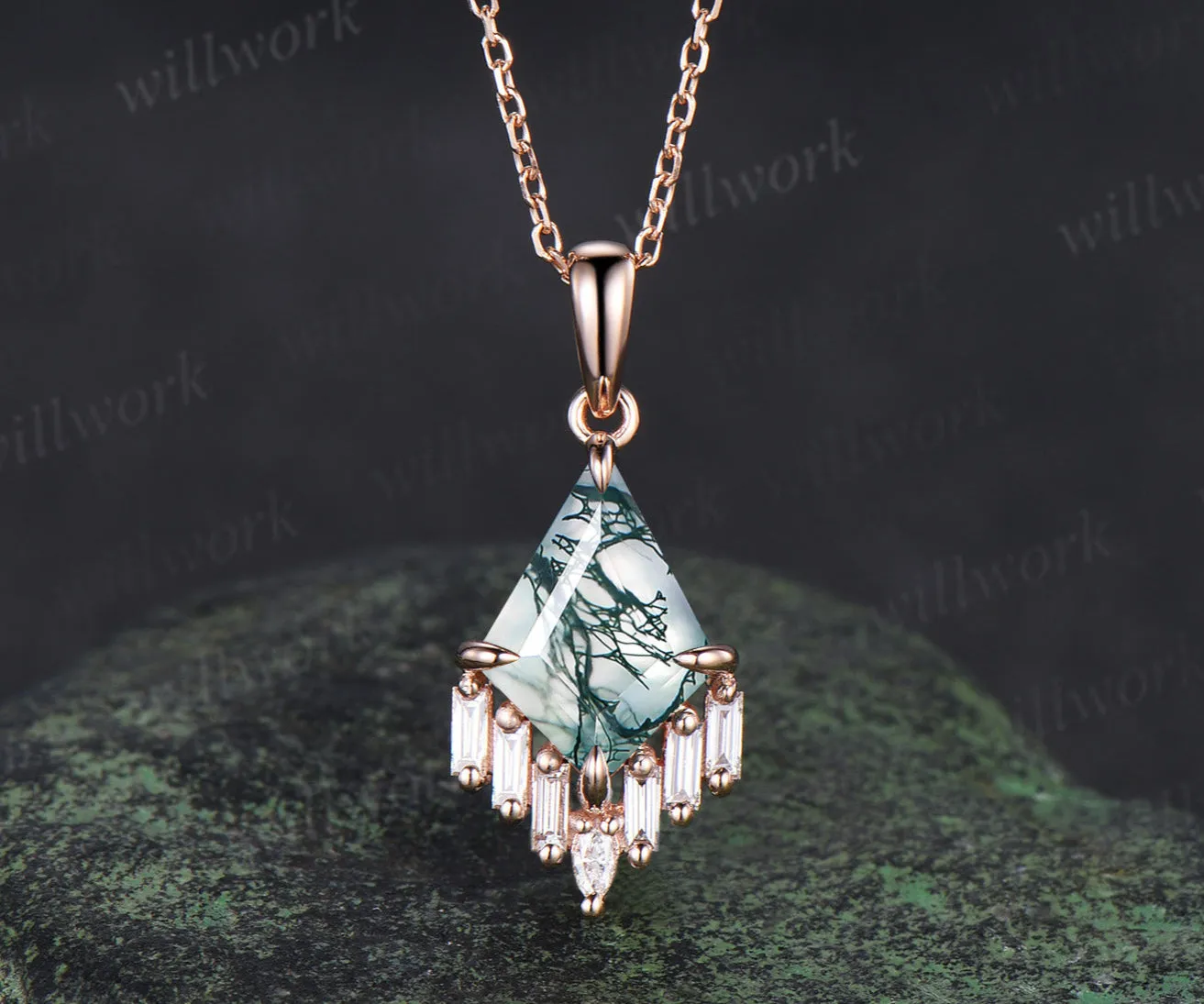 3ct Kite cut green moss agate necklace rose gold cluster marquise baguette cut diamond necklace pendant women anniversary gift her sold by Willwork Jewelry