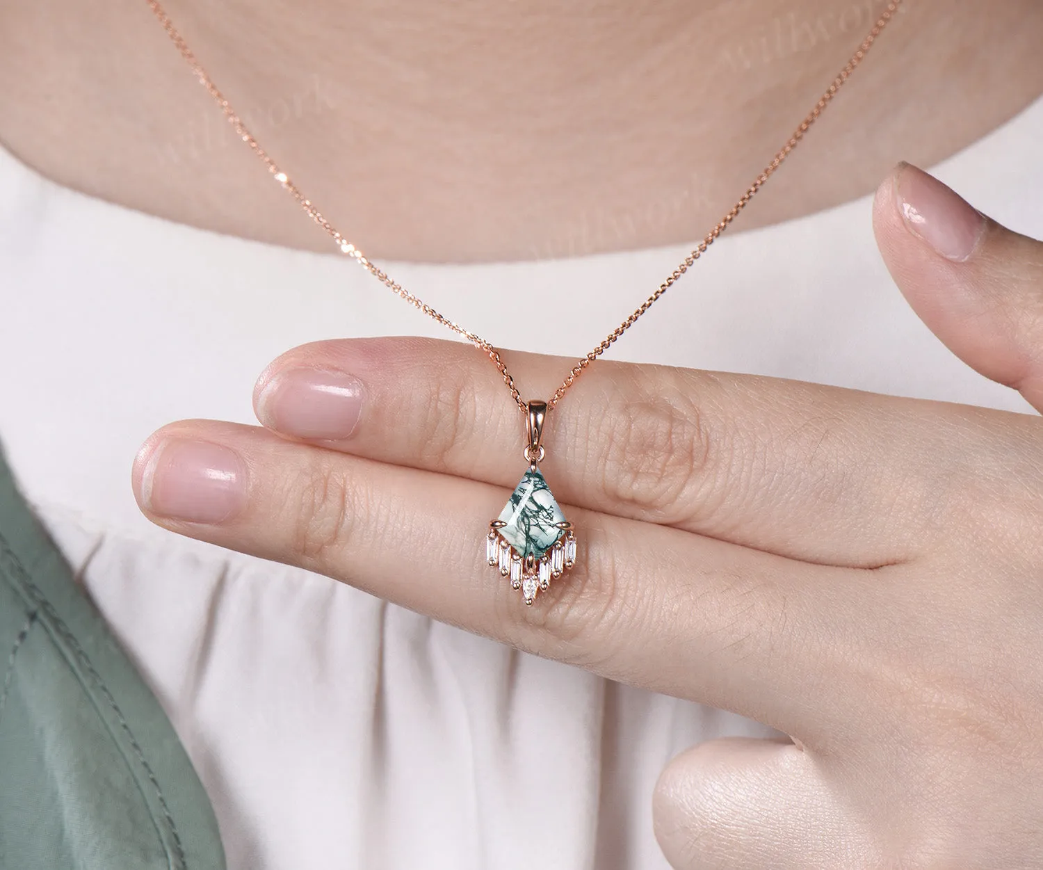 3ct Kite cut green moss agate necklace rose gold cluster marquise baguette cut diamond necklace pendant women anniversary gift her sold by Willwork Jewelry product image thumbnail 5