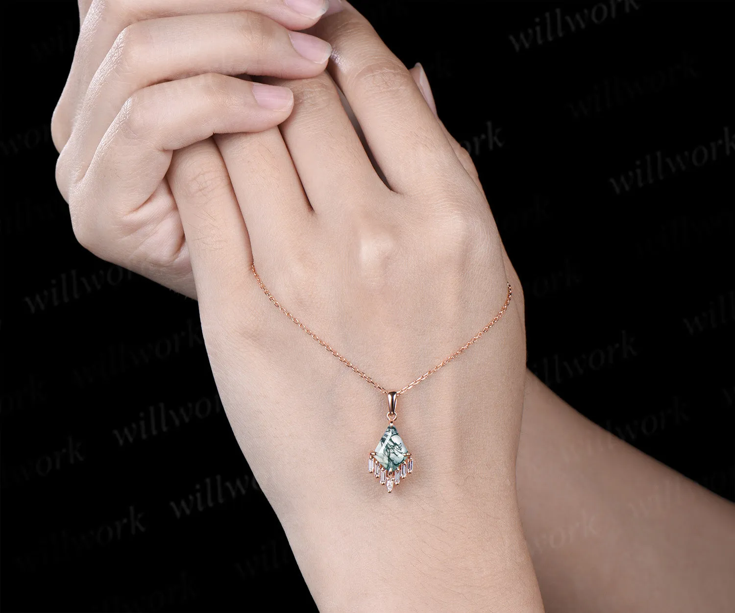 3ct Kite cut green moss agate necklace rose gold cluster marquise baguette cut diamond necklace pendant women anniversary gift her sold by Willwork Jewelry product image thumbnail 3