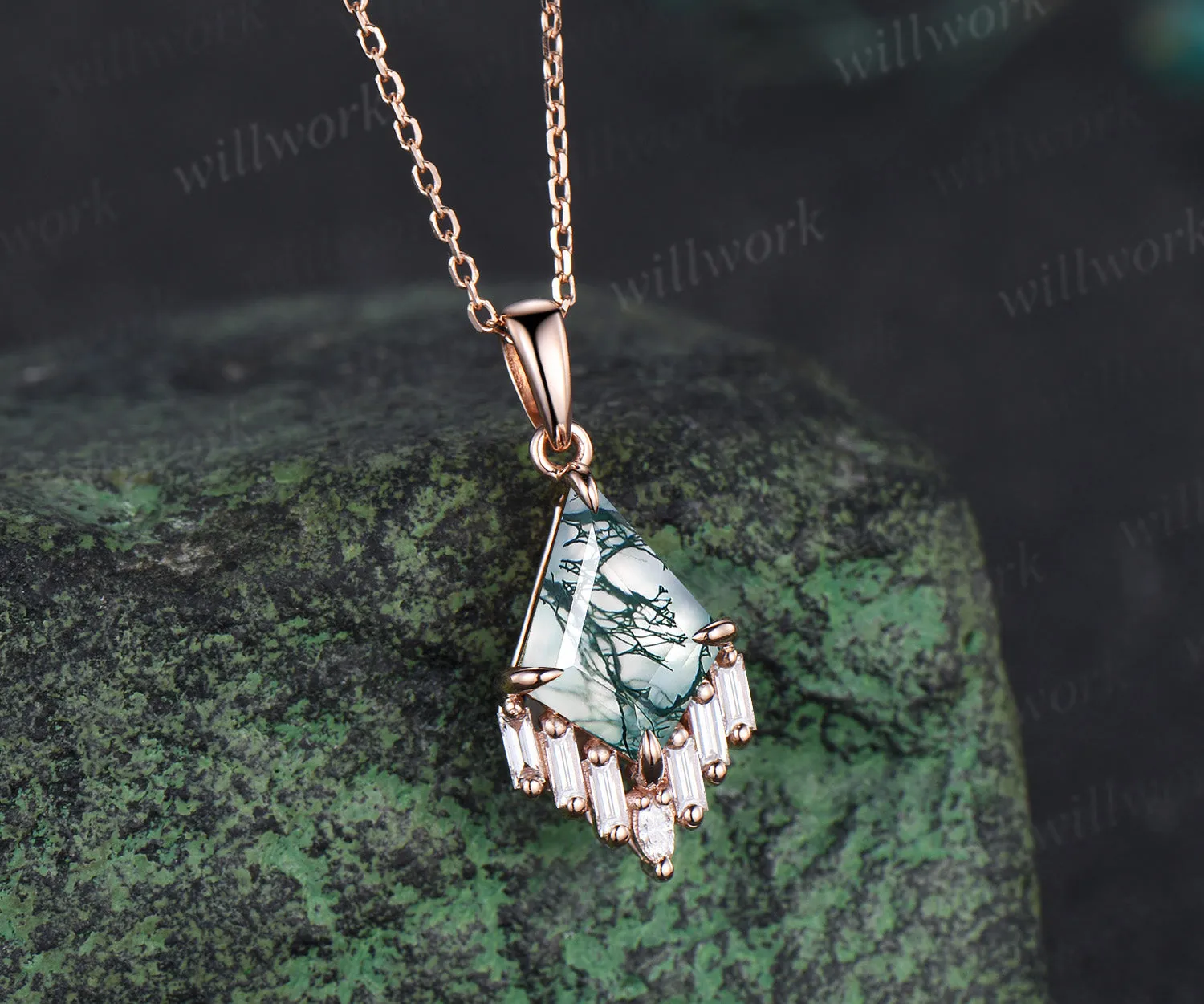3ct Kite cut green moss agate necklace rose gold cluster marquise baguette cut diamond necklace pendant women anniversary gift her sold by Willwork Jewelry product image thumbnail 2