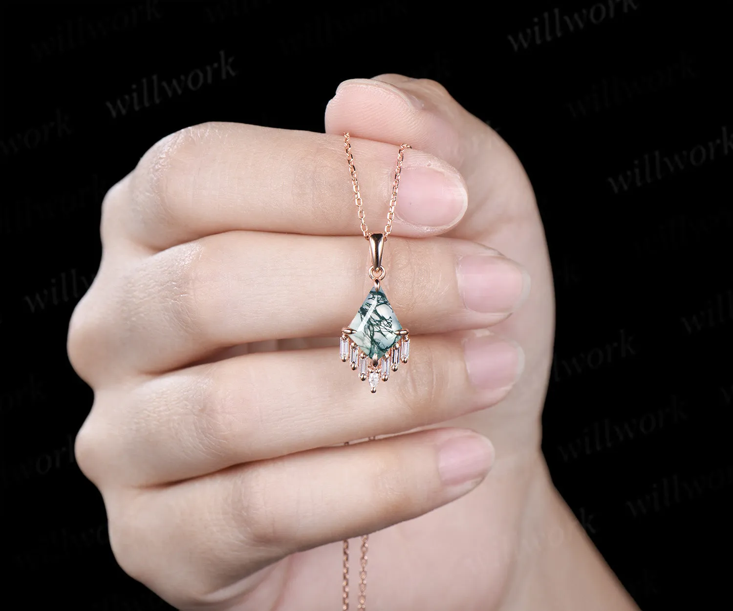 3ct Kite cut green moss agate necklace rose gold cluster marquise baguette cut diamond necklace pendant women anniversary gift her sold by Willwork Jewelry product image thumbnail 4