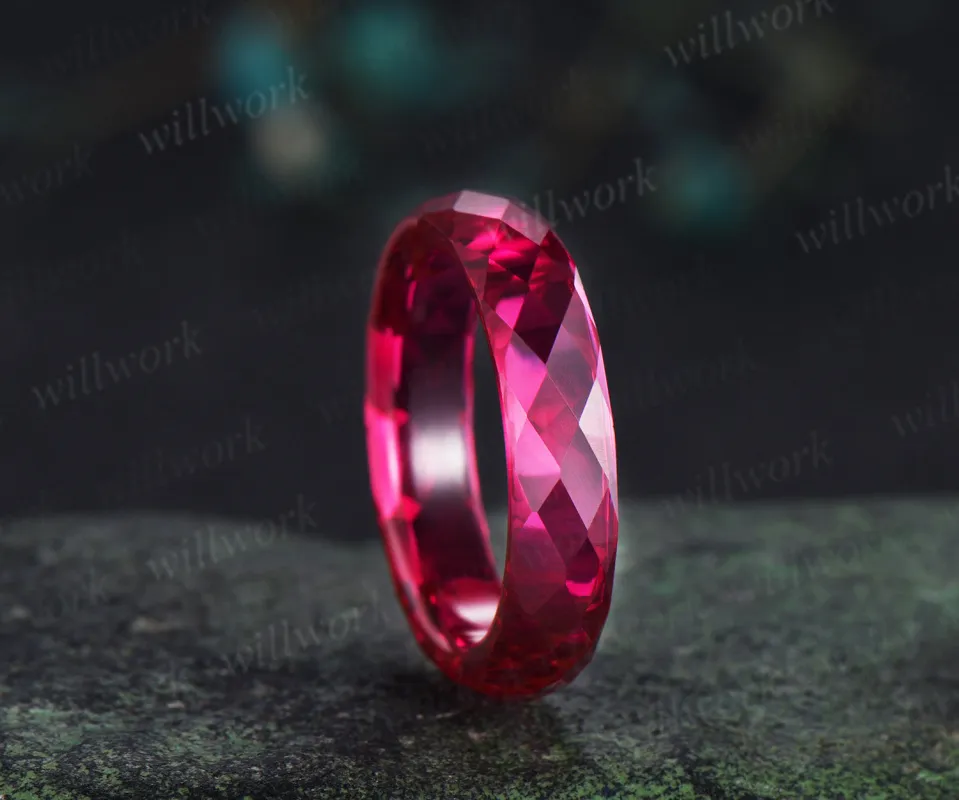 Briolette cut red ruby rough stone wedding band mens full eternity dainty ruby bridal engagement ring women July birthstone gift for him sold by Willwork Jewelry