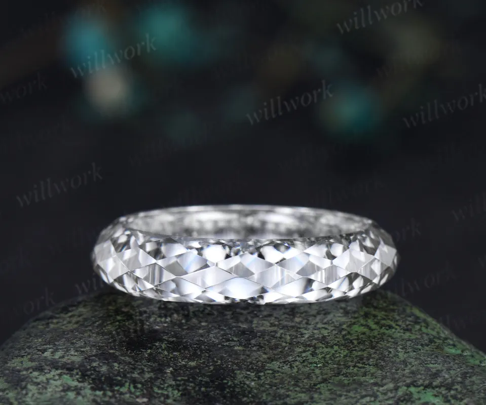 Briolette cut white moissanite wedding band mens full eternity unique bridal engagement ring gift for him husband made by Willwork Jewelry