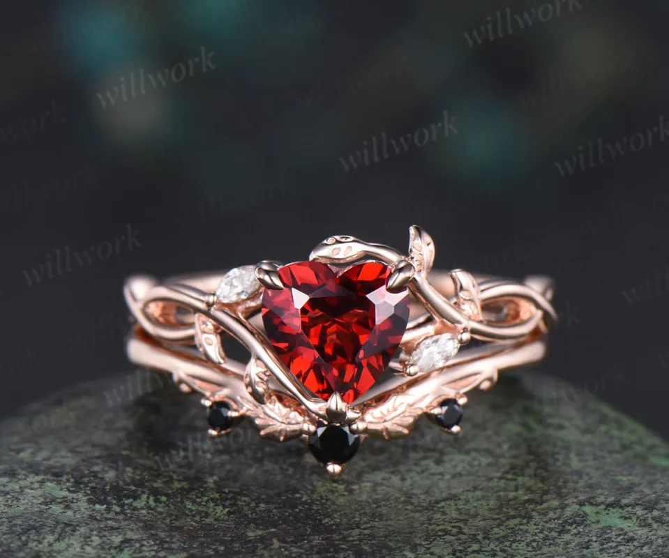 Heart red garnet engagement ring set leaf infinity 14k rose gold nature inspired art deco bridal set jewelry sold by Willwork Jewelry