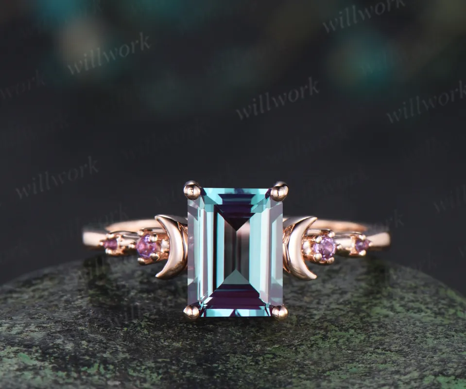 Emerald cut alexandrite moon ring five stone amethyst celestial statement ring 14k rose gold June birthstone jewelry sold by Willwork Jewelry
