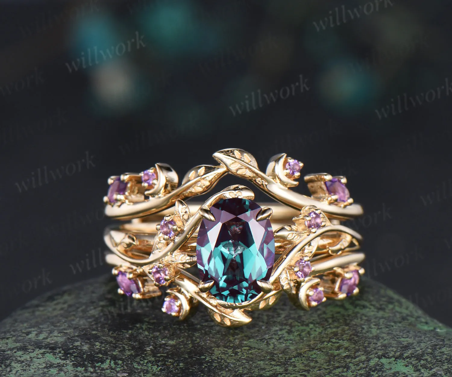 Oval alexandrite engagement ring set leaf twig amethysts ring double layer enhancer wraps band unique brial set sold by Willwork Jewelry