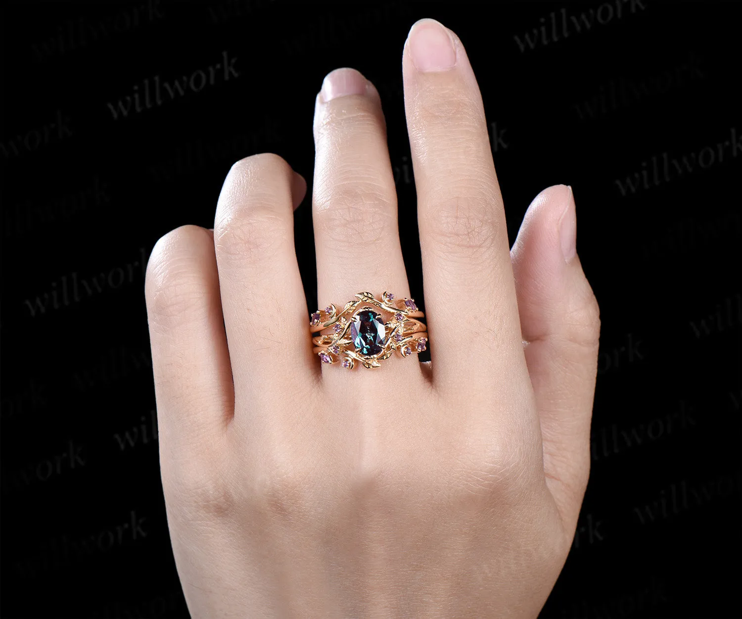 Oval alexandrite engagement ring set leaf twig amethysts ring double layer enhancer wraps band unique brial set sold by Willwork Jewelry product image thumbnail 2