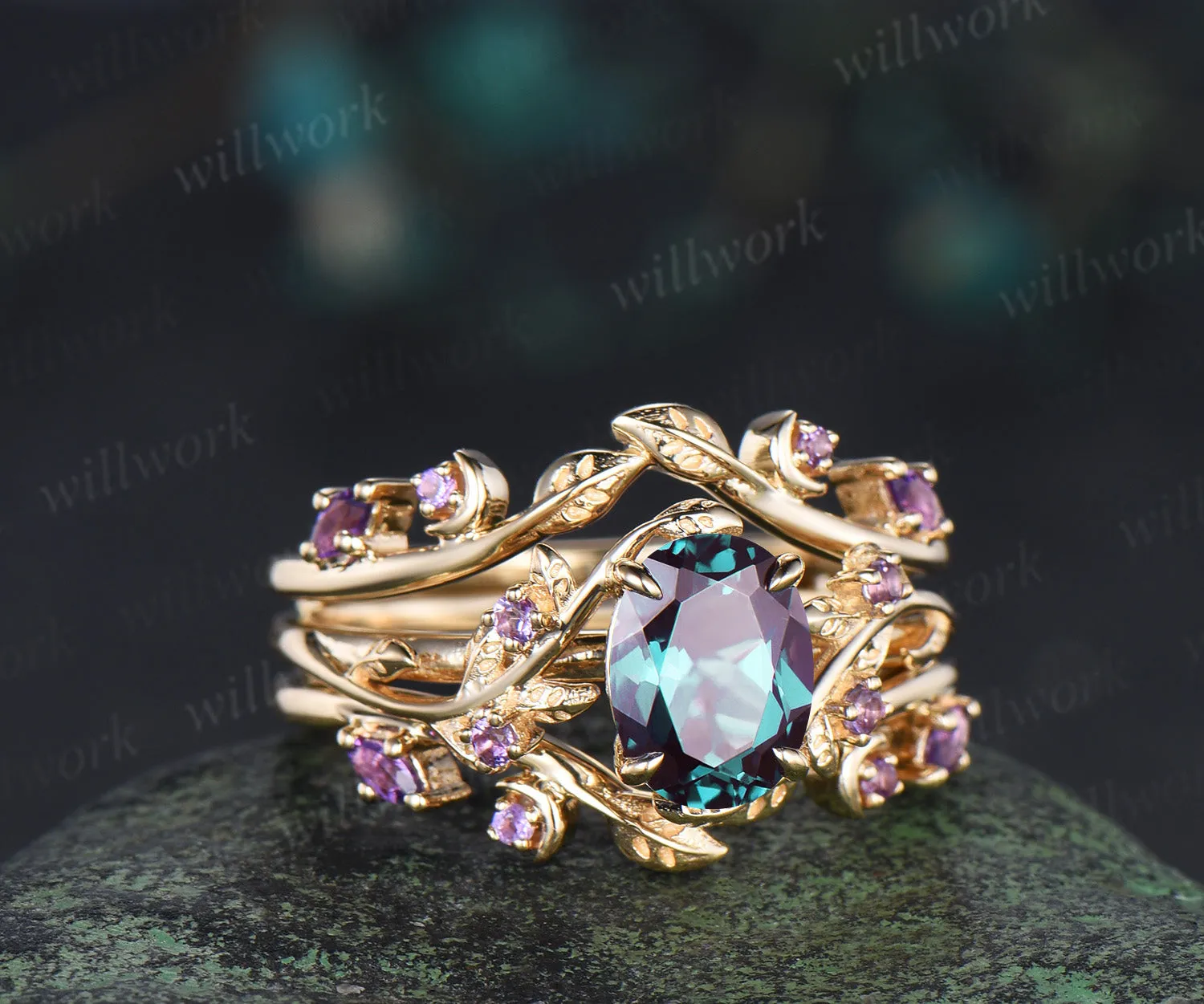 Oval alexandrite engagement ring set leaf twig amethysts ring double layer enhancer wraps band unique brial set sold by Willwork Jewelry product image thumbnail 4
