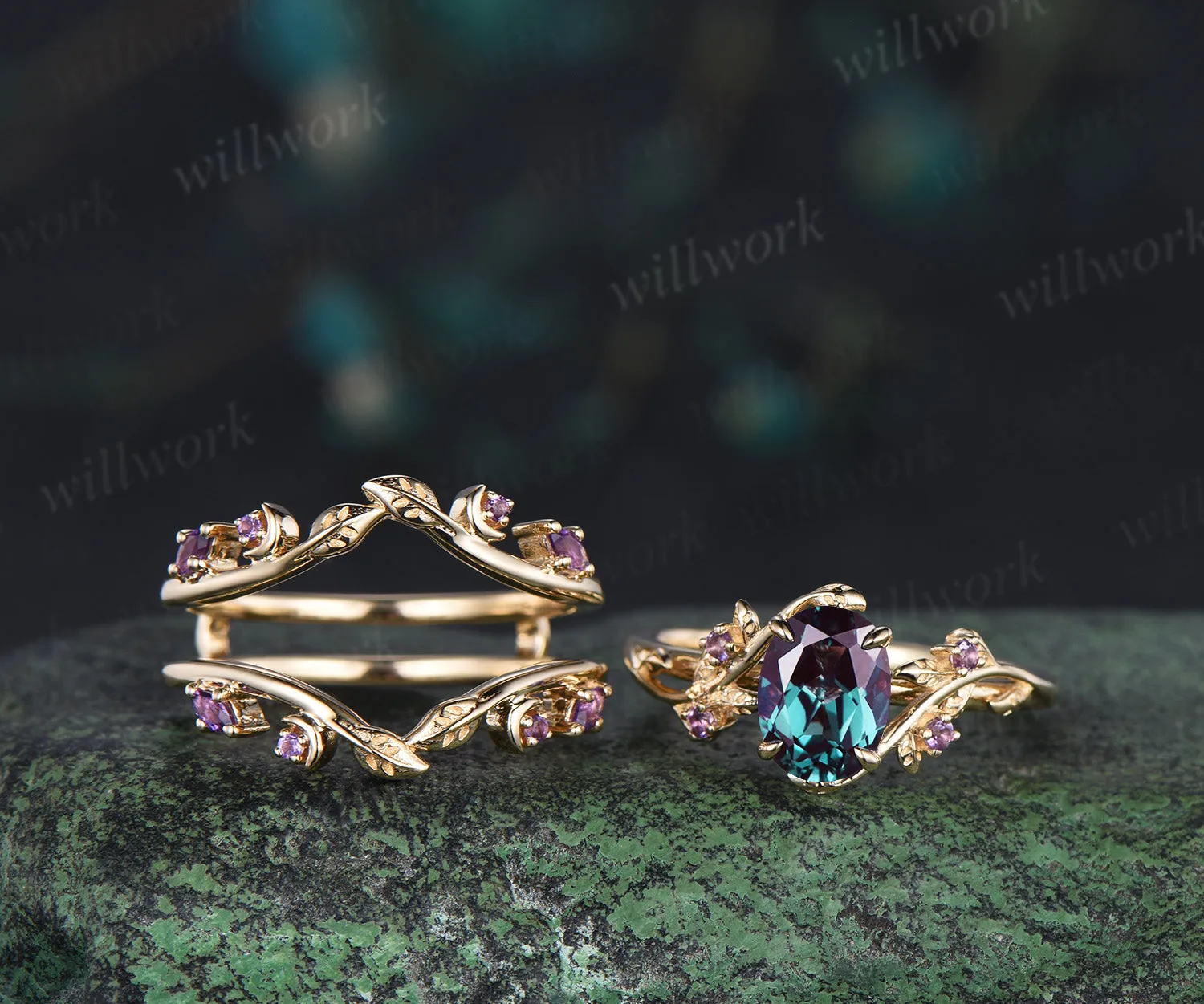 Oval alexandrite engagement ring set leaf twig amethysts ring double layer enhancer wraps band unique brial set sold by Willwork Jewelry product image thumbnail 5