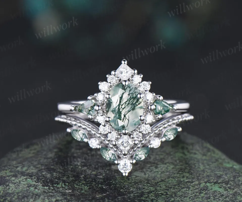 Oval moss agate engagement ring set 14k white gold kite princess halo unique promise wedding ring set retro green gemstone ring silver sold by Willwork Jewelry