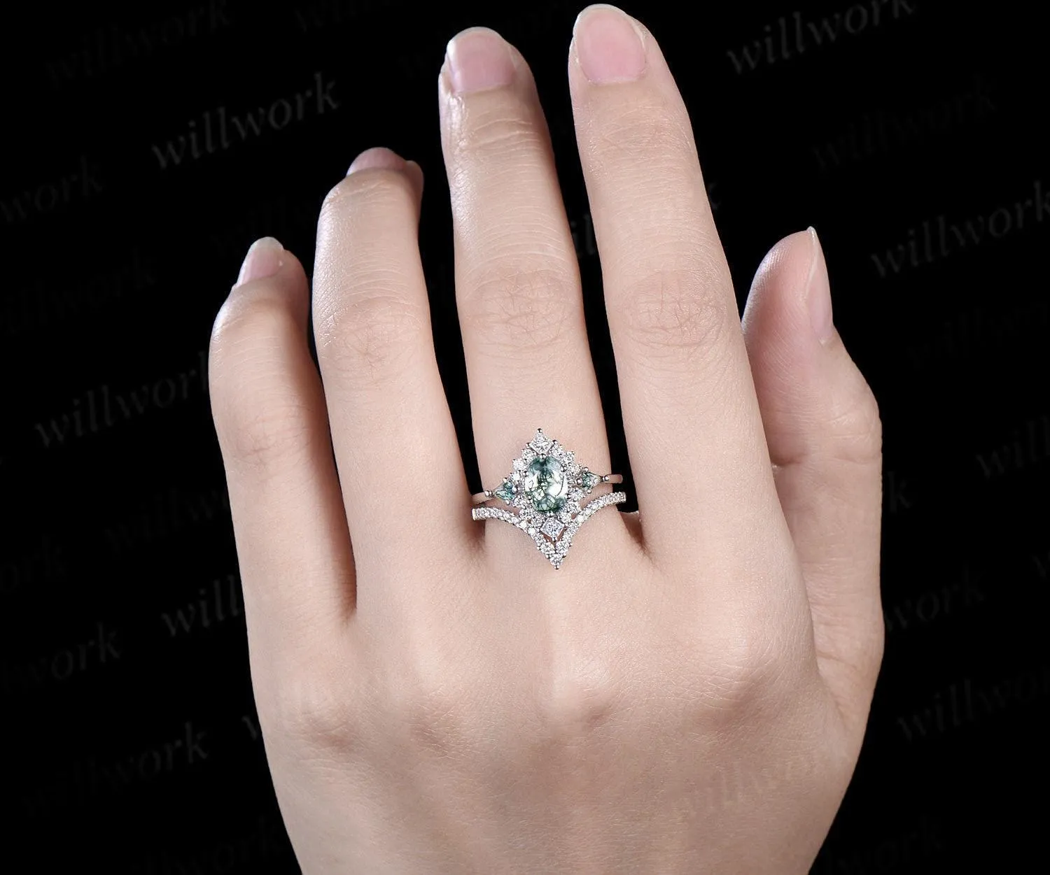 Vintage oval moss agate engagement ring set stacking matching moissanite bridal ring set jewelry handmade unique promise wedding ring women sold by Willwork Jewelry product image thumbnail 4