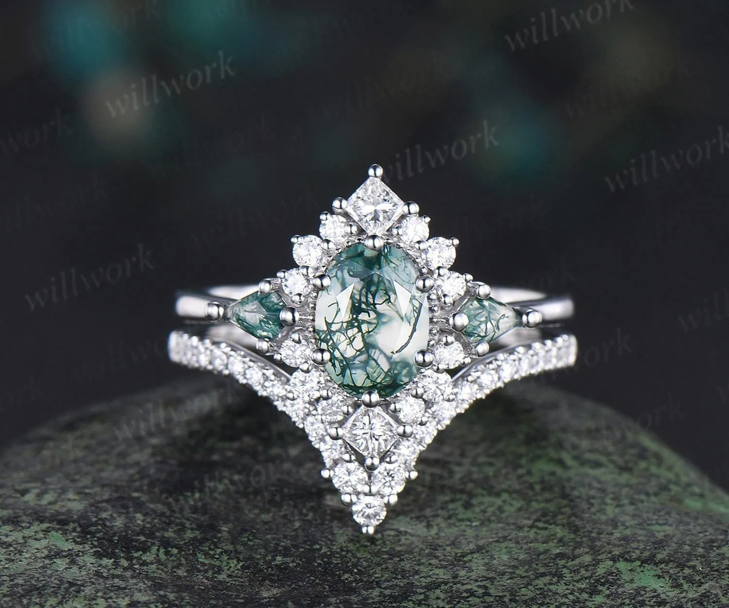 Vintage oval moss agate engagement ring set stacking matching moissanite bridal ring set jewelry handmade unique promise wedding ring women sold by Willwork Jewelry