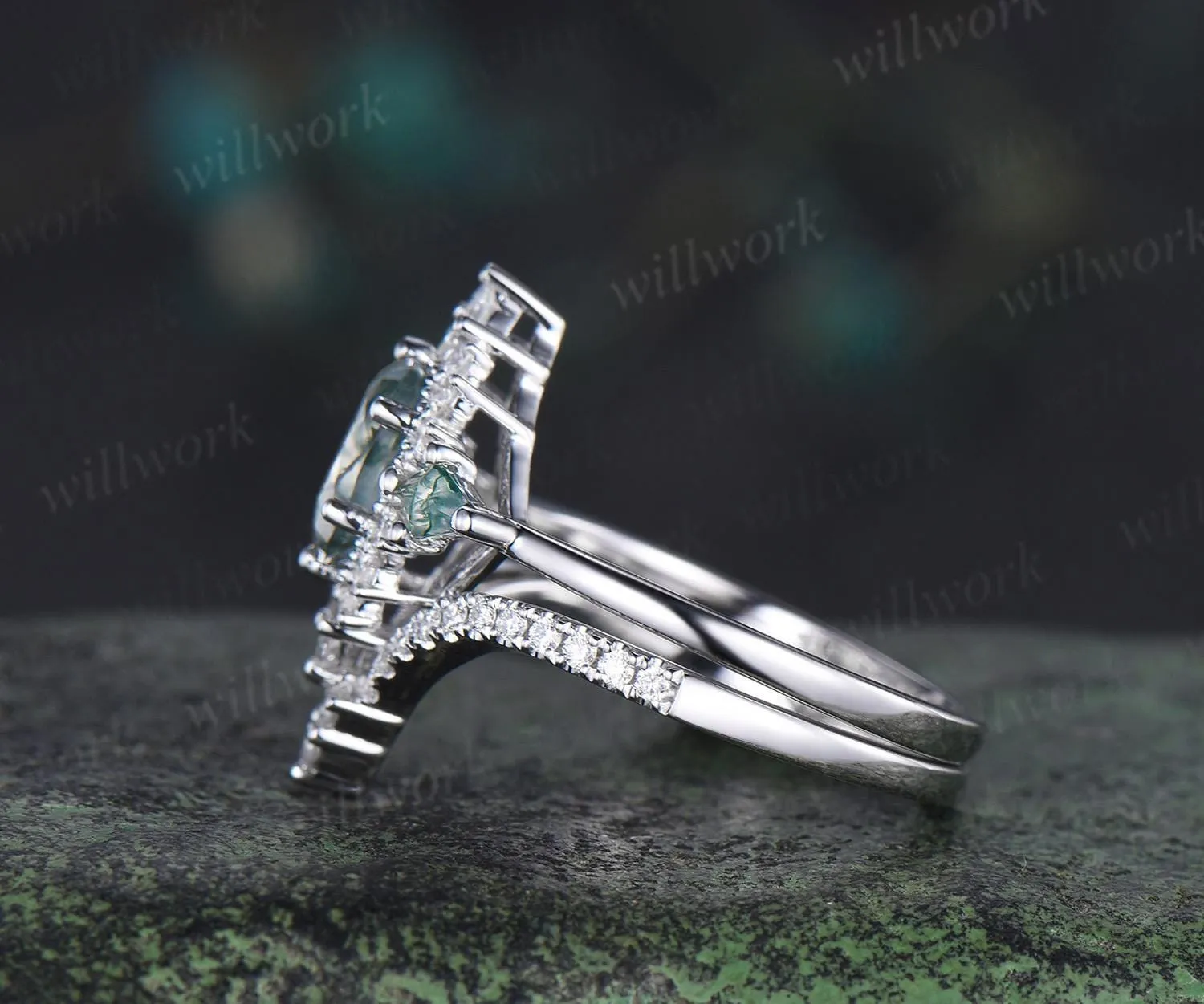 Vintage oval moss agate engagement ring set stacking matching moissanite bridal ring set jewelry handmade unique promise wedding ring women sold by Willwork Jewelry product image thumbnail 5