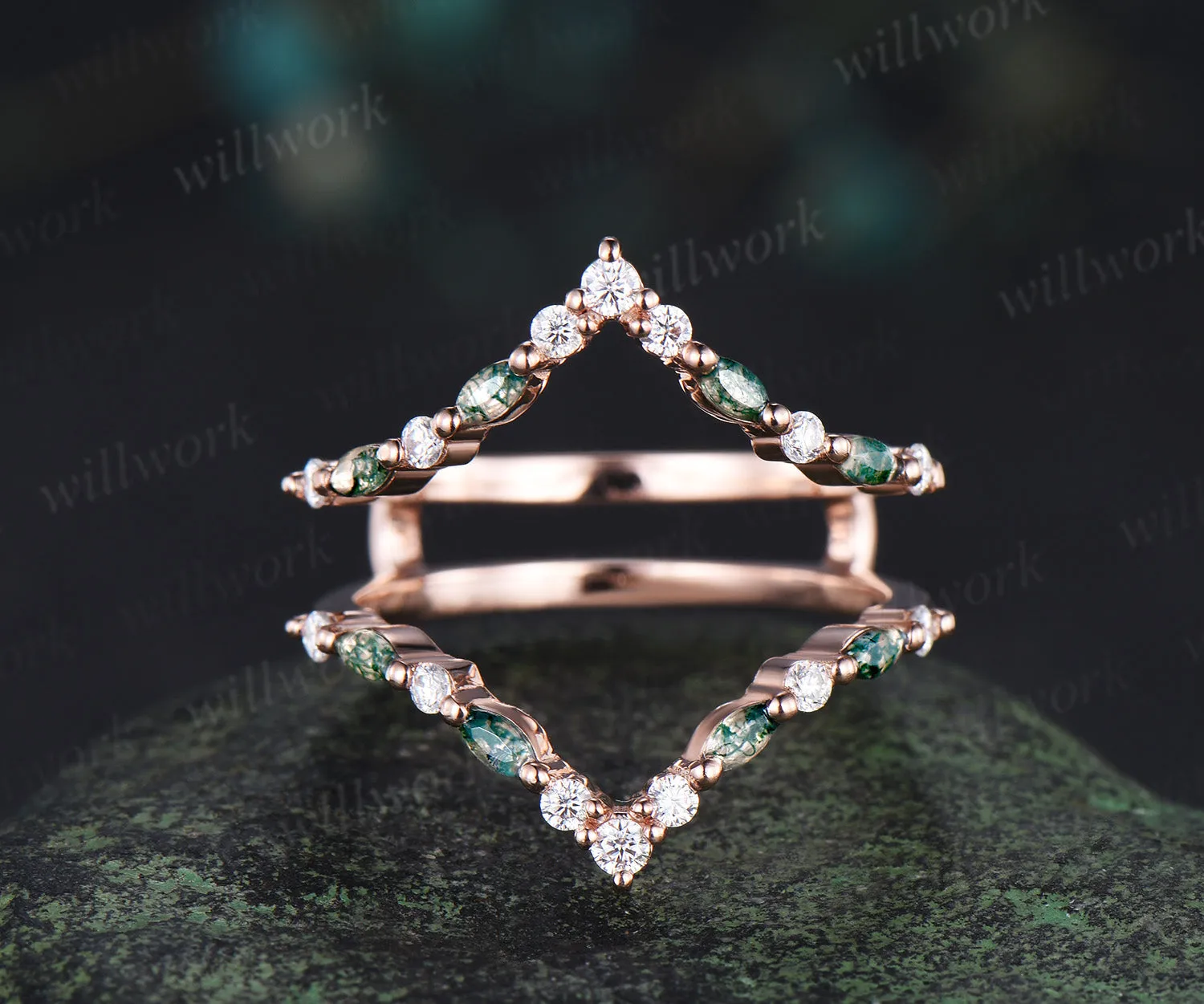 Marquise moss agate diamond wedding band enhancer wraps rose gold Double V curved stacking band band bridal ring women sold by Willwork Jewelry