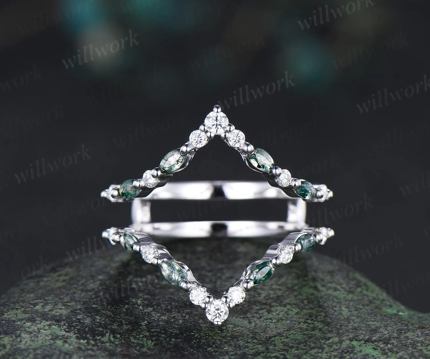 Marquise moss agate diamond wedding band enhancer wraps rose gold Double V curved stacking band band bridal ring women sold by Willwork Jewelry product image thumbnail 4