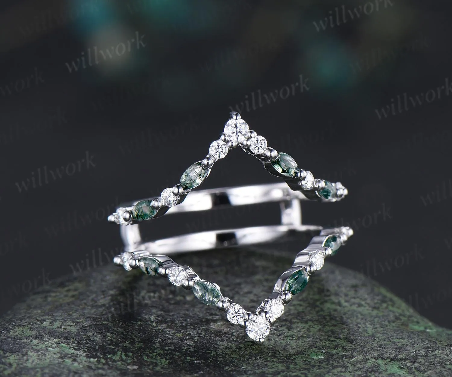 Marquise moss agate diamond wedding band enhancer wraps rose gold Double V curved stacking band band bridal ring women sold by Willwork Jewelry product image thumbnail 5