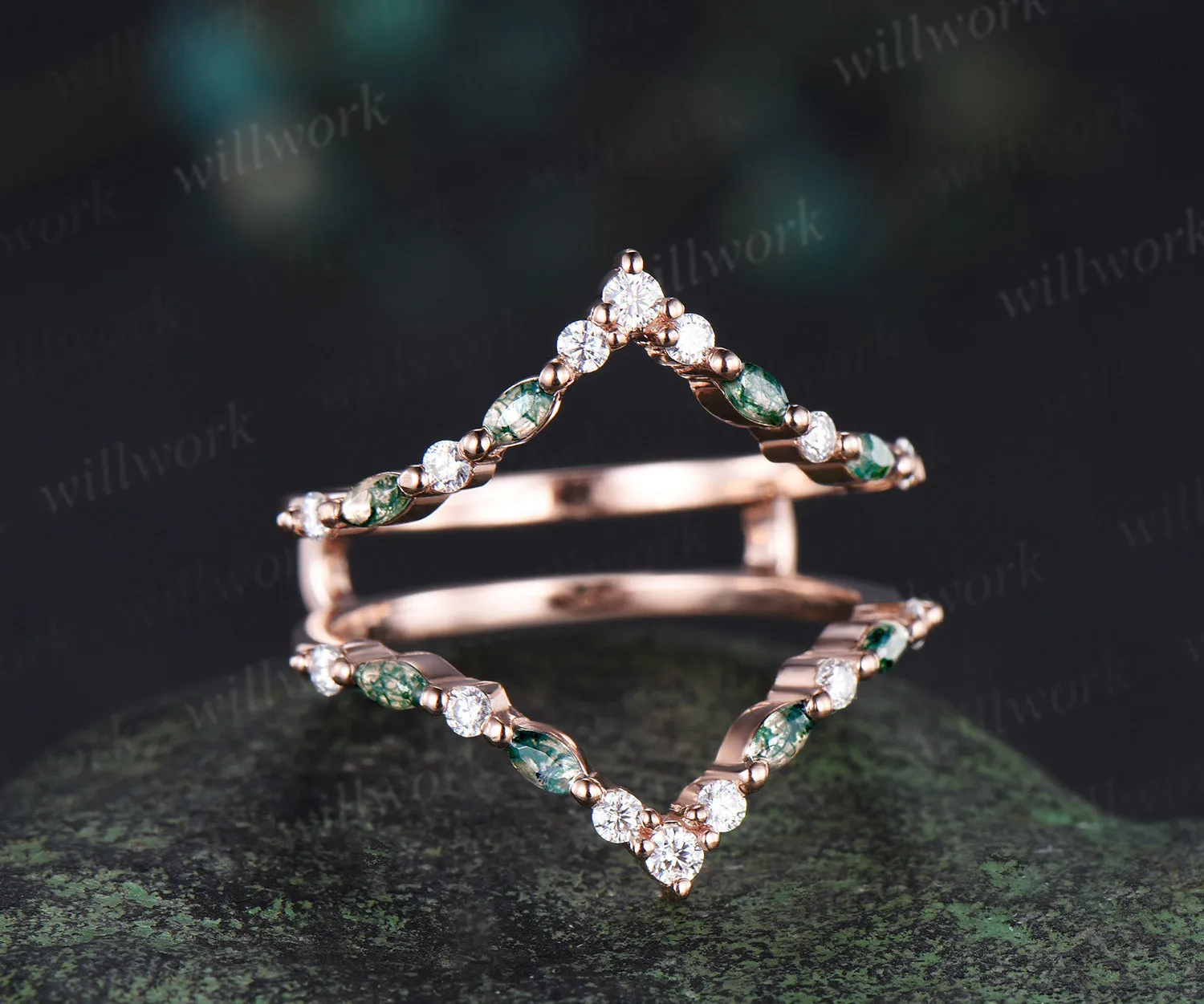 Marquise moss agate diamond wedding band enhancer wraps rose gold Double V curved stacking band band bridal ring women sold by Willwork Jewelry product image thumbnail 2