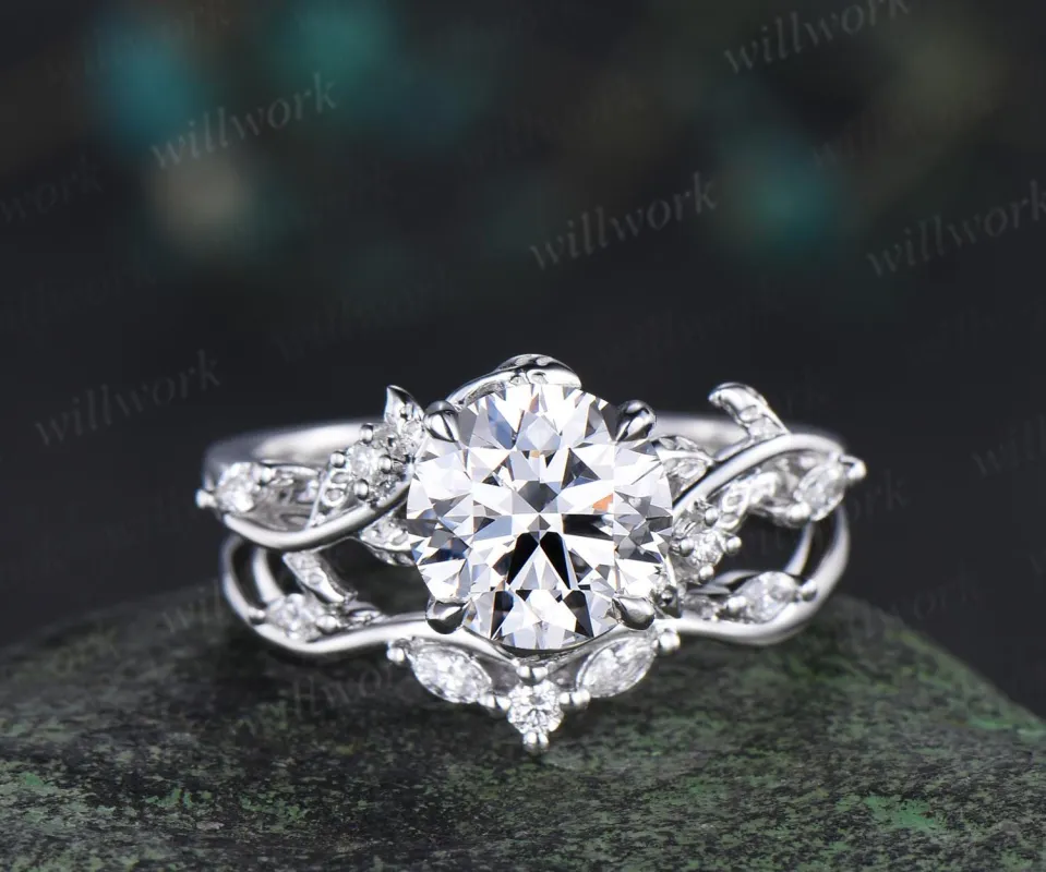 2ct round cut IGI lab grown diamond moissanite engagement ring set leaf nature inspired promise wedding bridal ring set jewelry sold by Willwork Jewelry