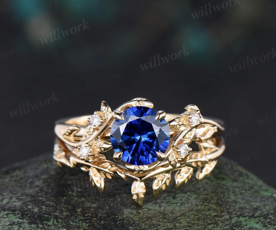 1ct round cut blue sapphire engagement ring set leaf five stone yellow gold ring nature inspired art deco wedding ring set women sold by Willwork Jewelry
