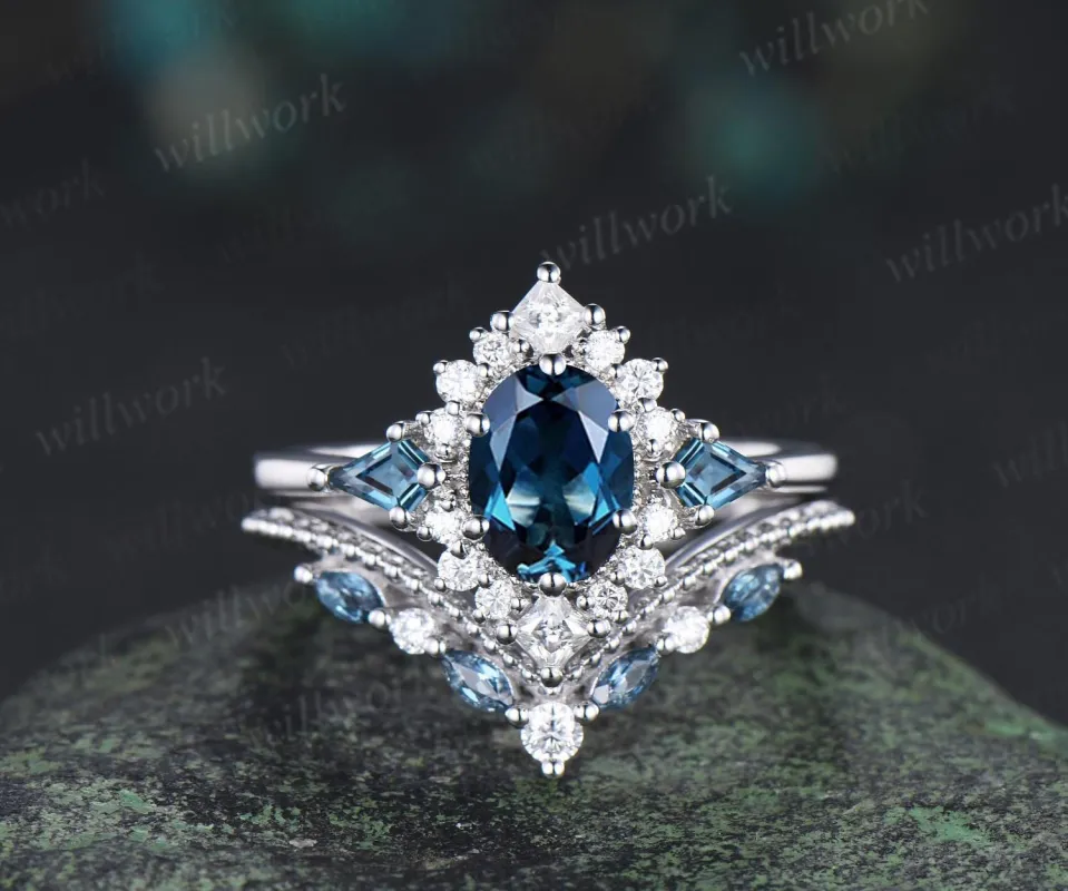 Oval London blue topaz engagement ring set 14k white gold kite princess halo unique promise wedding ring set December birthstone ring silver sold by Willwork Jewelry