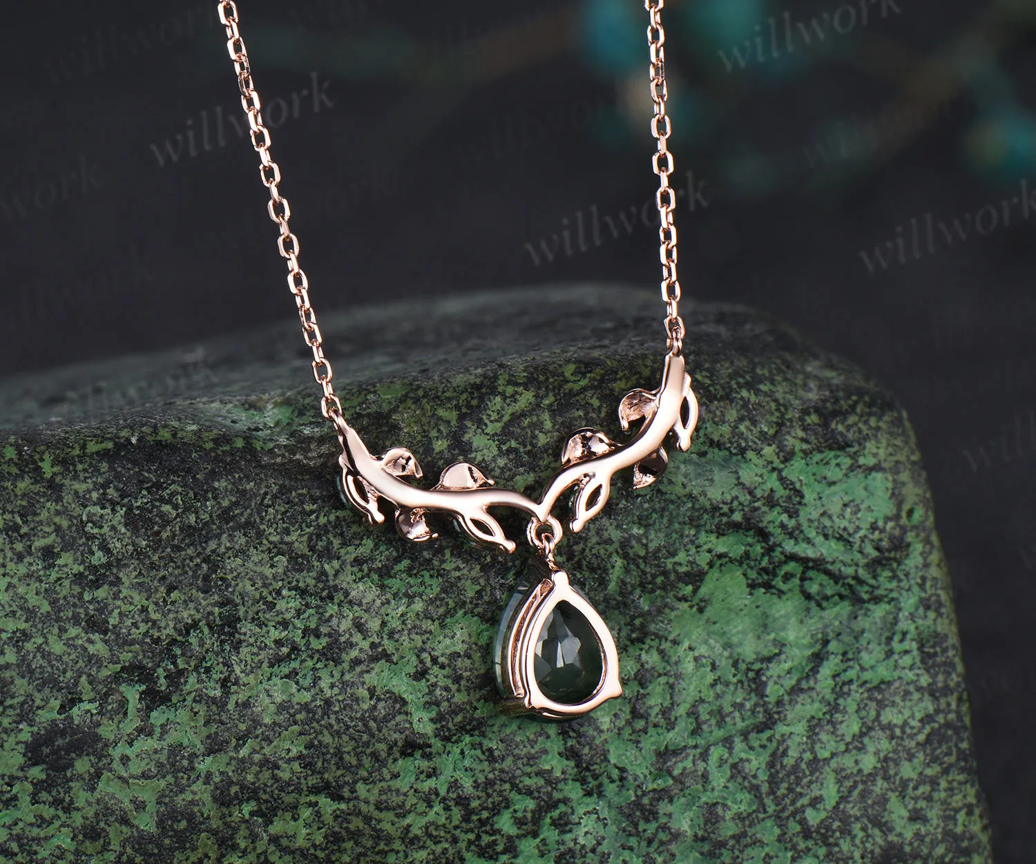 Pear moss agate necklace leaf vine marquise moss agate nature inspired pendant unique botanical jewelry gift sold by Willwork Jewelry product image thumbnail 4