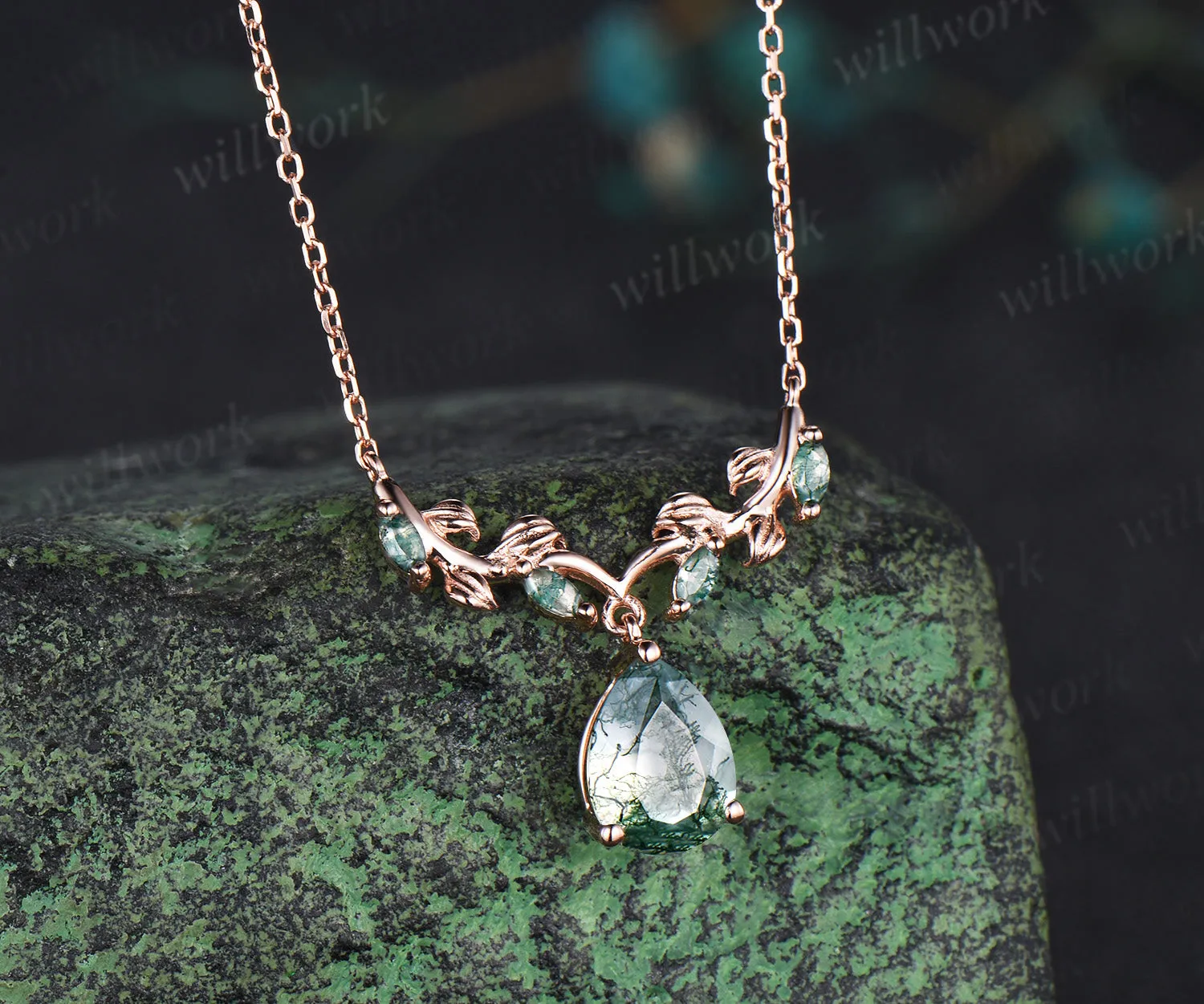 Pear moss agate necklace leaf vine marquise moss agate nature inspired pendant unique botanical jewelry gift sold by Willwork Jewelry product image thumbnail 3