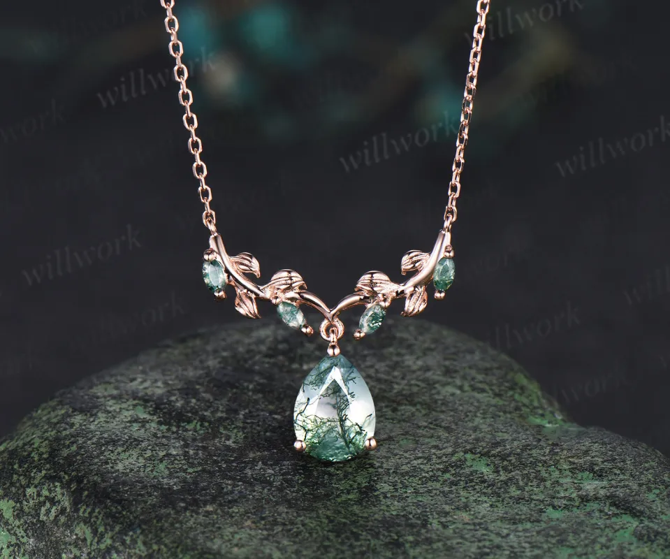 Pear moss agate necklace leaf vine marquise moss agate nature inspired pendant unique botanical jewelry gift sold by Willwork Jewelry