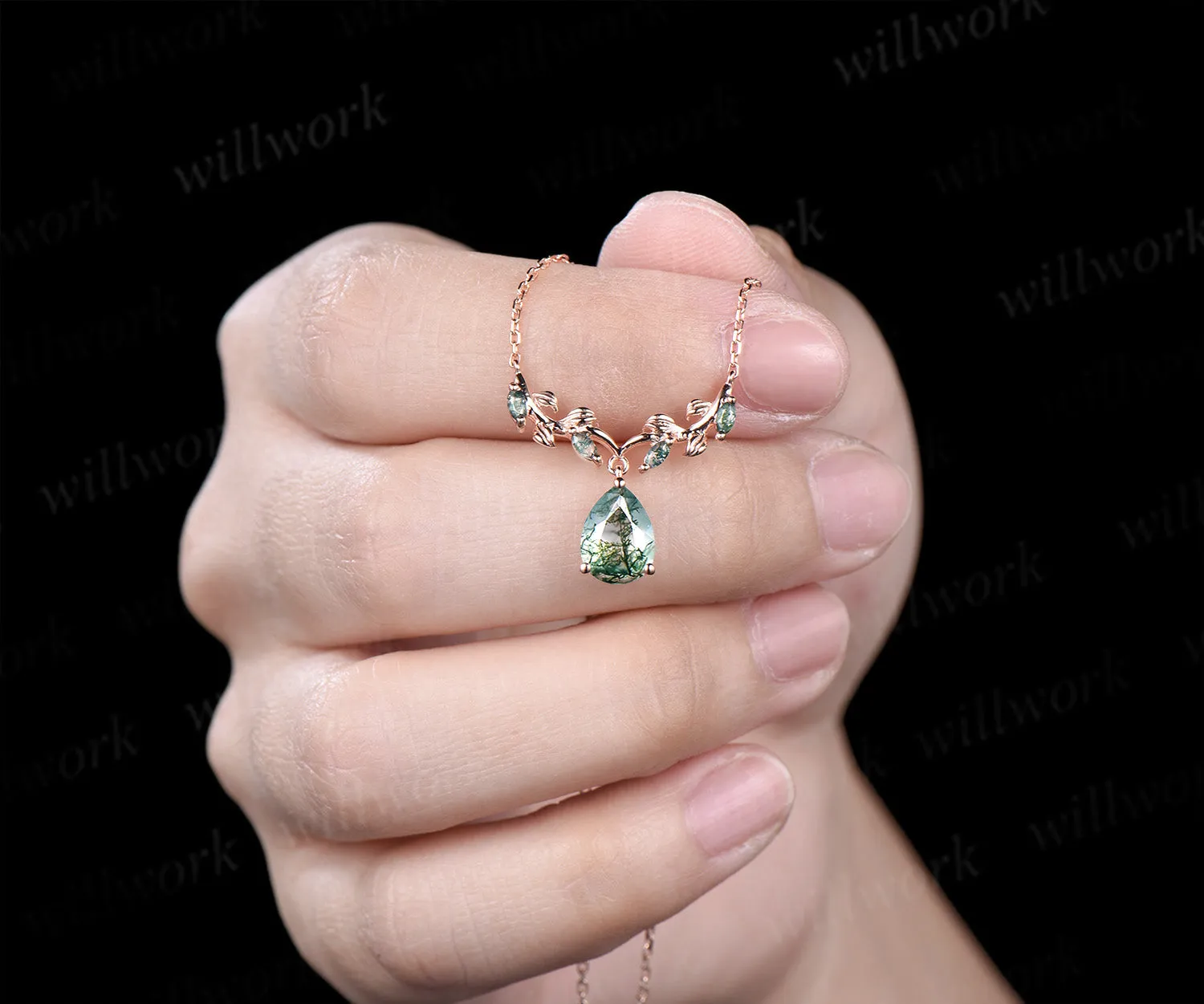 Pear moss agate necklace leaf vine marquise moss agate nature inspired pendant unique botanical jewelry gift sold by Willwork Jewelry product image thumbnail 5