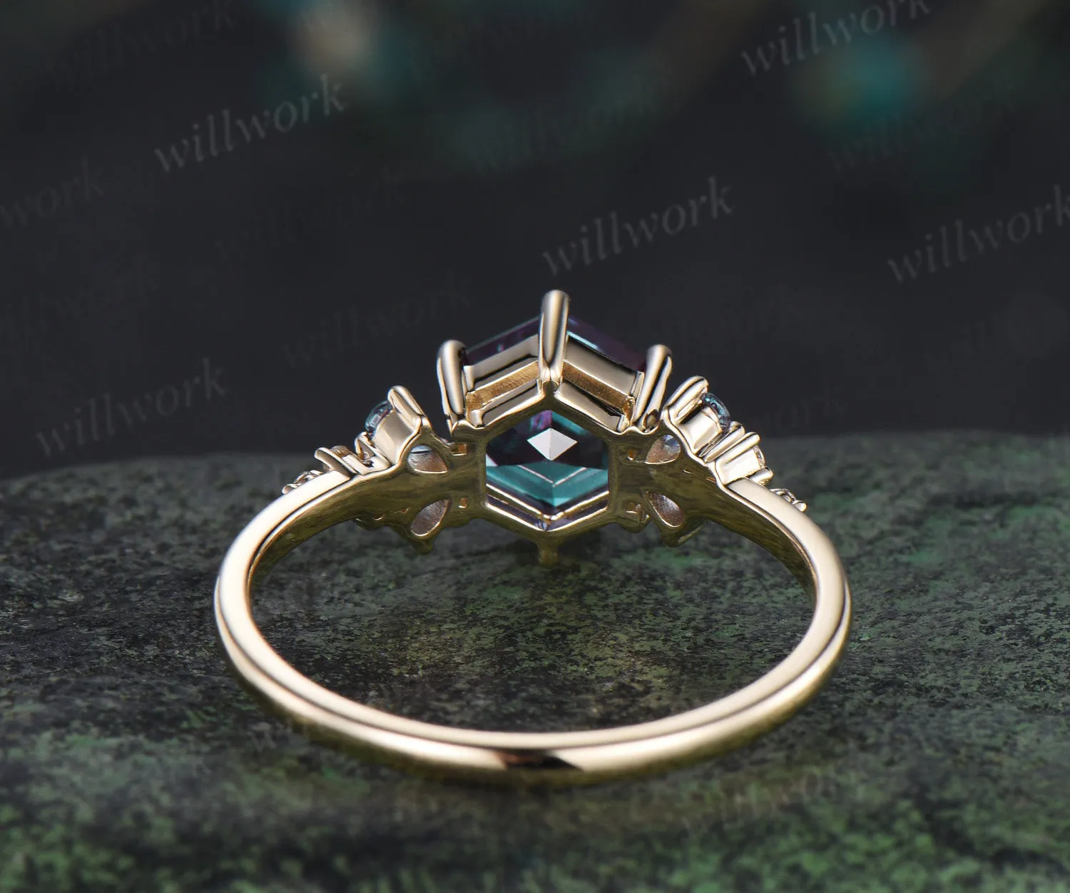 Hexagon cut alexandrite engagement ring unique pear alexandrite moissanite cluster ring solid yellow gold promise ring for women sold by Willwork Jewelry product image thumbnail 5