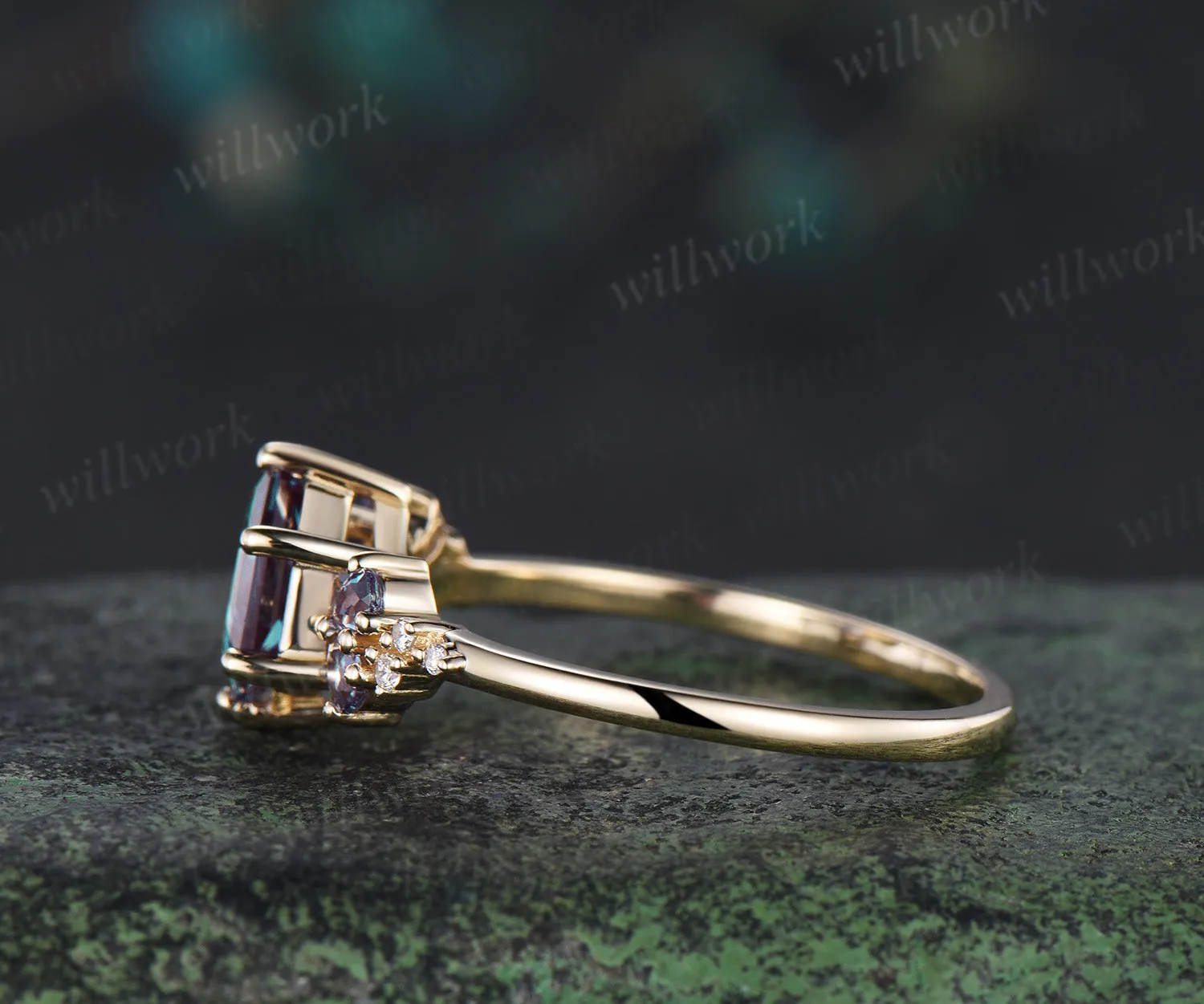 Hexagon cut alexandrite engagement ring unique pear alexandrite moissanite cluster ring solid yellow gold promise ring for women sold by Willwork Jewelry product image thumbnail 4