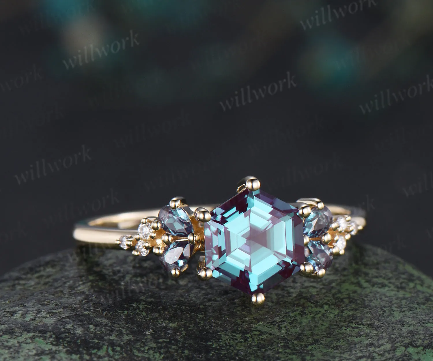 Hexagon cut alexandrite engagement ring unique pear alexandrite moissanite cluster ring solid yellow gold promise ring for women sold by Willwork Jewelry product image thumbnail 3
