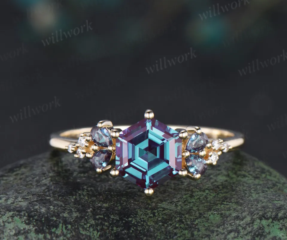 Hexagon cut alexandrite engagement ring unique pear alexandrite moissanite cluster ring solid yellow gold promise ring for women sold by Willwork Jewelry
