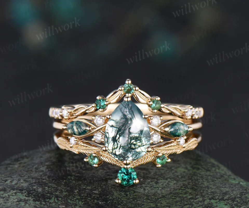 Nature inspired pear moss agate ring set marquise moss agate seven stone ring art deco emerald moissanites wedding band unique bridal set sold by Willwork Jewelry