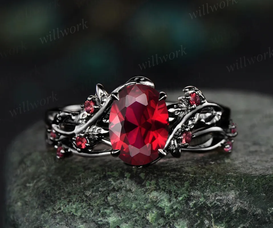 Nature inspired oval cut red ruby engagement ring set 14k black gold twig leaf ring art deco ruby wedding band bridal set jewelry gifts made by Willwork Jewelry