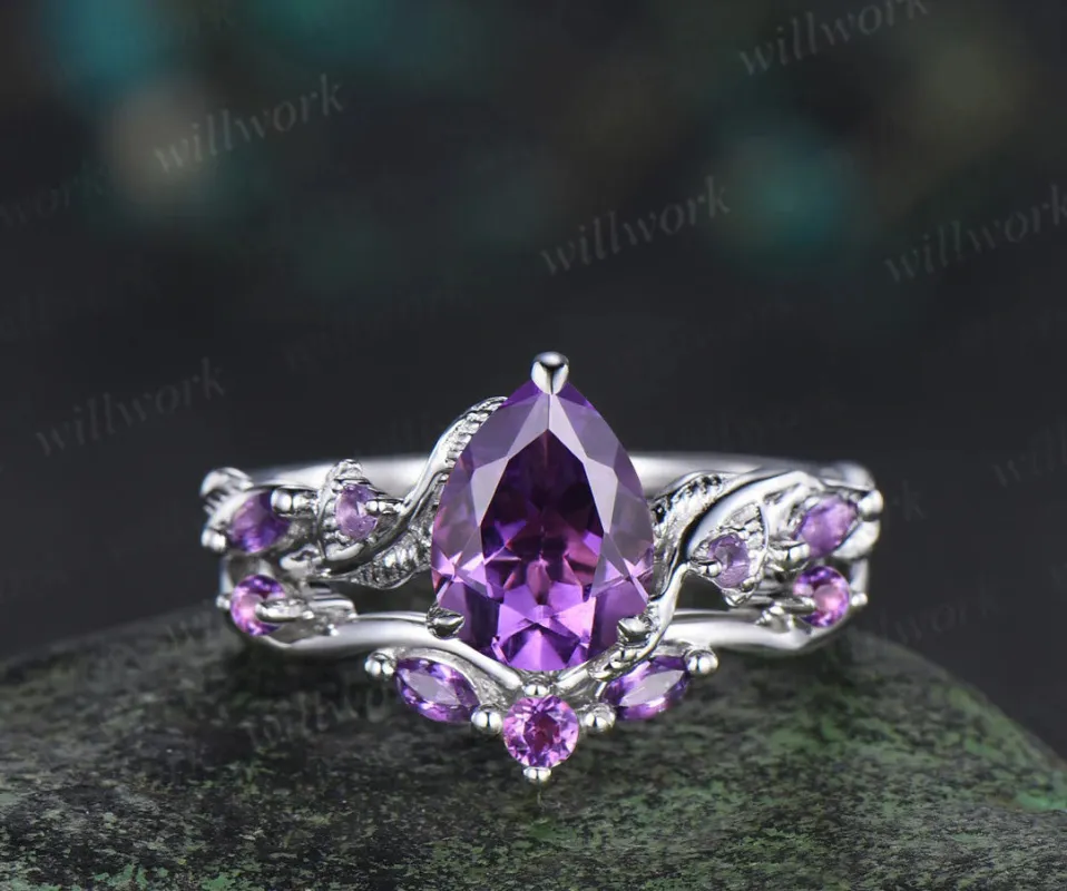 Nature Inspired Pear Amethyst Bridal Set Twisted Unique Twig Vine Teardrop Engagement Ring Set women sold by Willwork Jewelry