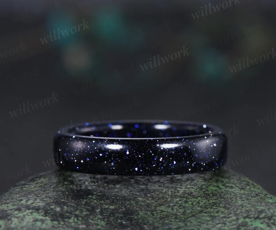 5mm blue sandstone solitaire ring Galaxy stone full eternity band rough stone men wedding ring made by Willwork Jewelry