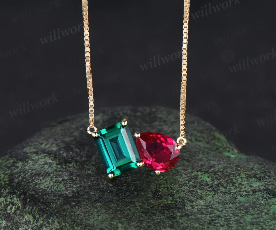 Emerald cut emerald pear ruby pendant minimalist two stones Toi et Moi pendant necklace solid yellow gold box chain made by Willwork Jewelry
