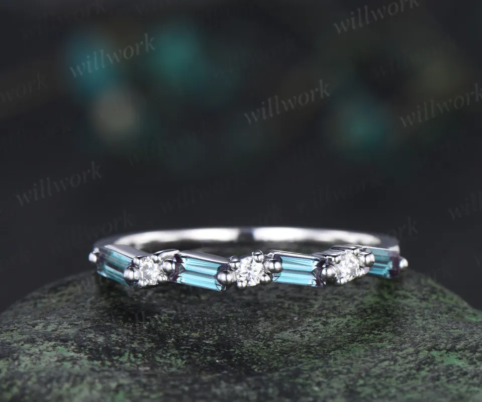 Dainty baguette cut alexandrite moissanite wedding band unique stacking ring solid white gold alexandrite band delicate gifts for her made by Willwork Jewelry