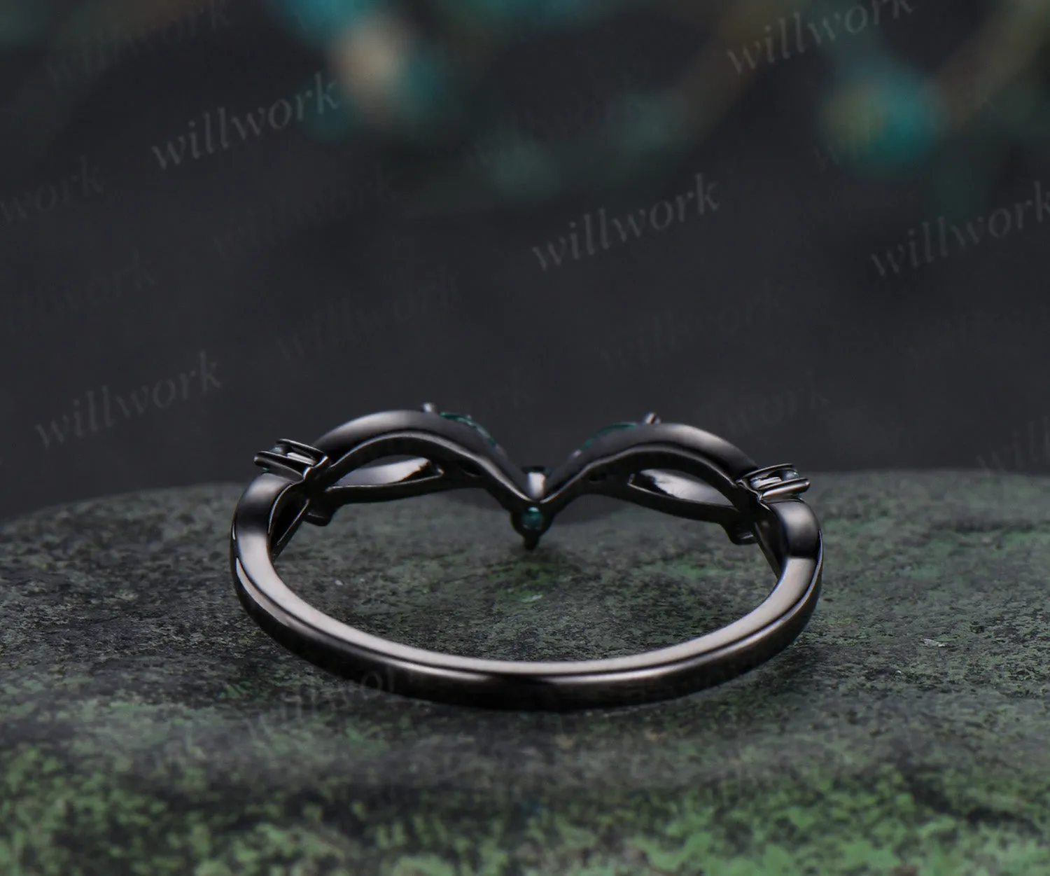 Curved emerald wedding band infinity marquise emerald stackable ring unique black gold wedding band for women sold by Willwork Jewelry product image thumbnail 5