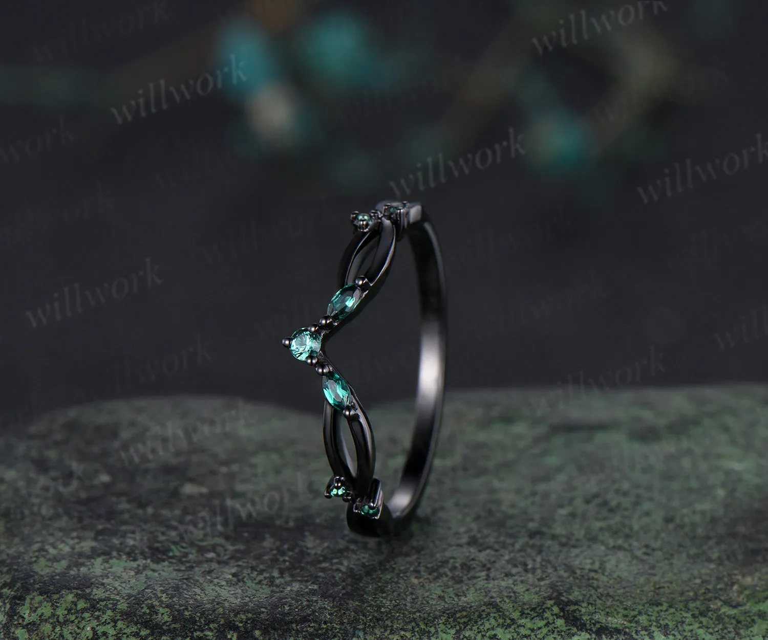 Curved emerald wedding band infinity marquise emerald stackable ring unique black gold wedding band for women sold by Willwork Jewelry product image thumbnail 4