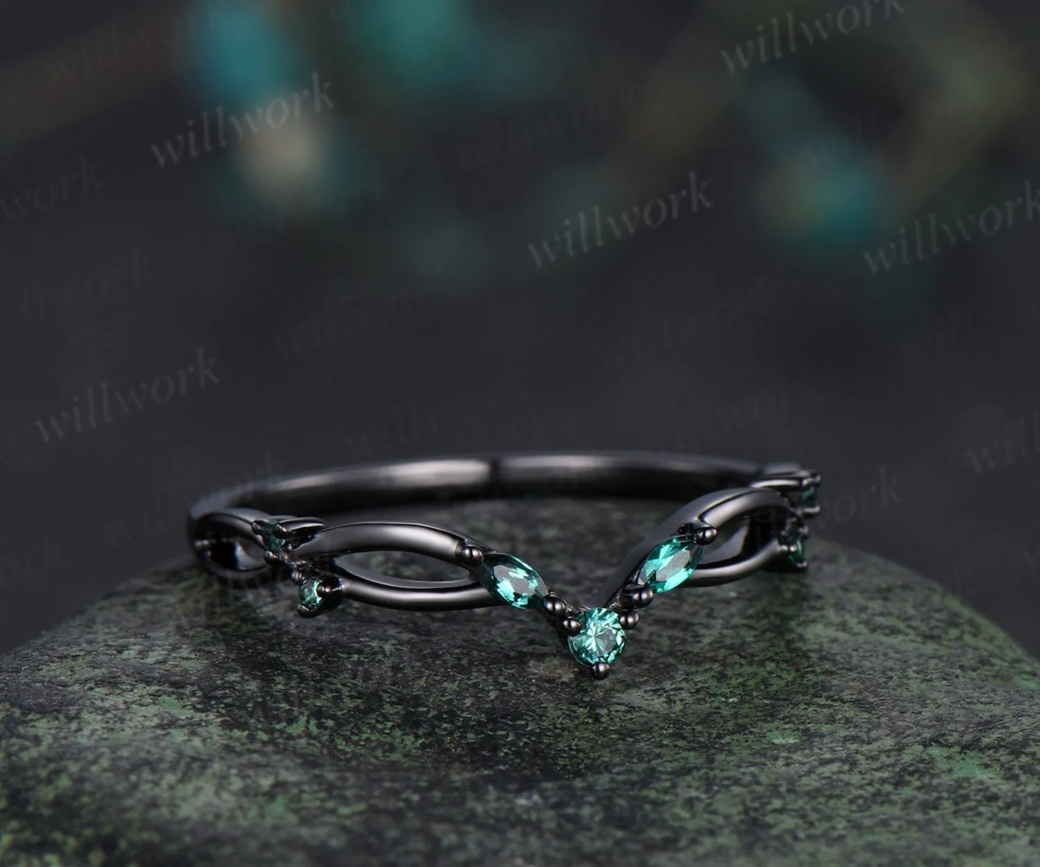 Curved emerald wedding band infinity marquise emerald stackable ring unique black gold wedding band for women sold by Willwork Jewelry product image thumbnail 3