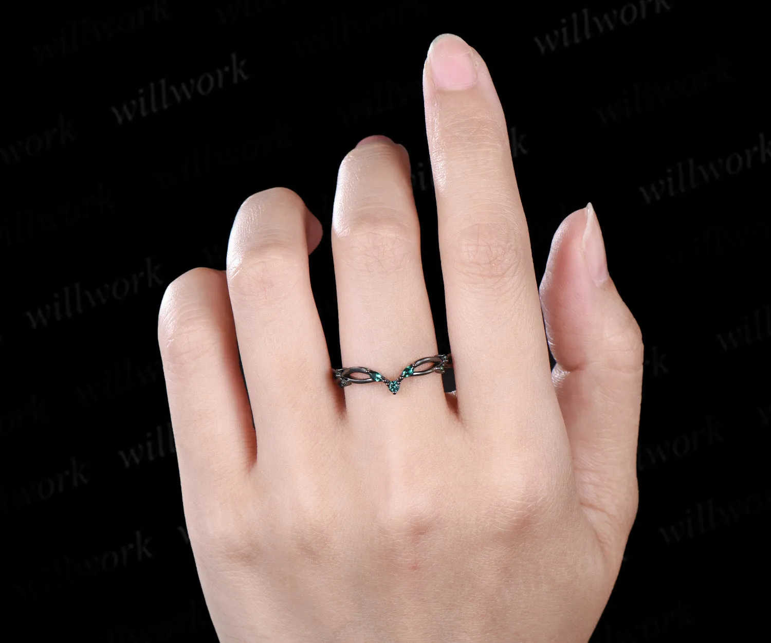 Curved emerald wedding band infinity marquise emerald stackable ring unique black gold wedding band for women sold by Willwork Jewelry product image thumbnail 2