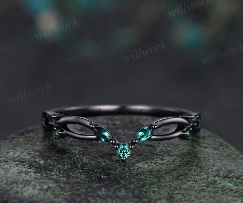 Curved emerald wedding band infinity marquise emerald stackable ring unique black gold wedding band for women sold by Willwork Jewelry