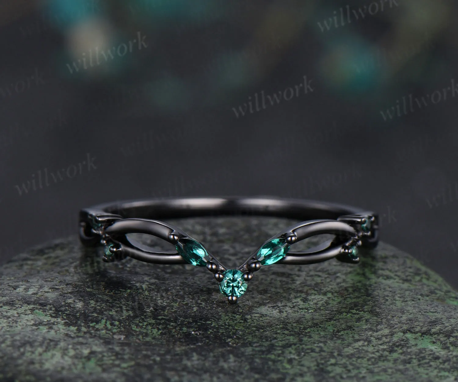 Curved emerald wedding band infinity marquise emerald stackable ring unique black gold wedding band for women sold by Willwork Jewelry