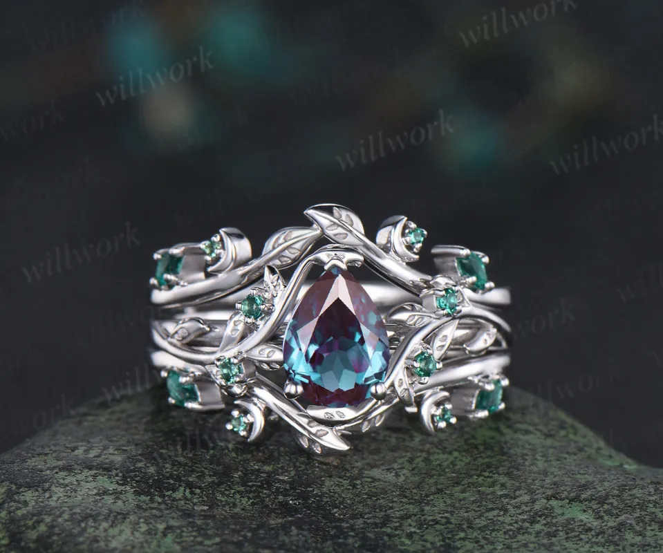 Vintage pear alexandrite engagement ring set leaf twig art deco emerald ring double layer emerald enhancer band unique brial set sold by Willwork Jewelry