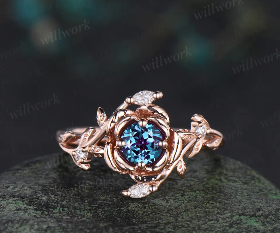 Round cut alexandrite engagement ring rose gold floral leaf vine marquise diamond ring vintage promise bridal ring sold by Willwork Jewelry