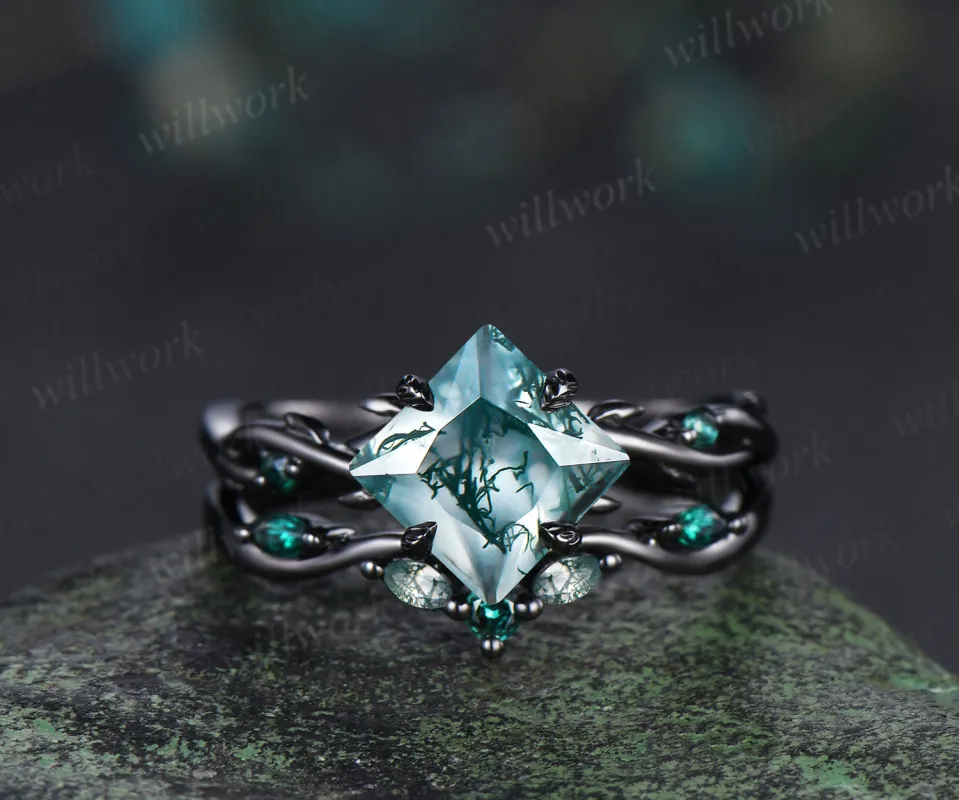 Princess moss agate engagement ring set black gold twig leaf infinity ring curved wedding band nature inspired bridal jewelry made by Willwork Jewelry