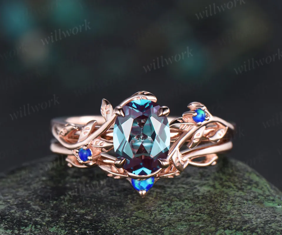Oval alexandrite engagement ring set nature inspired twig blue opal ring matching leaf wedding band bridal set sold by Willwork Jewelry