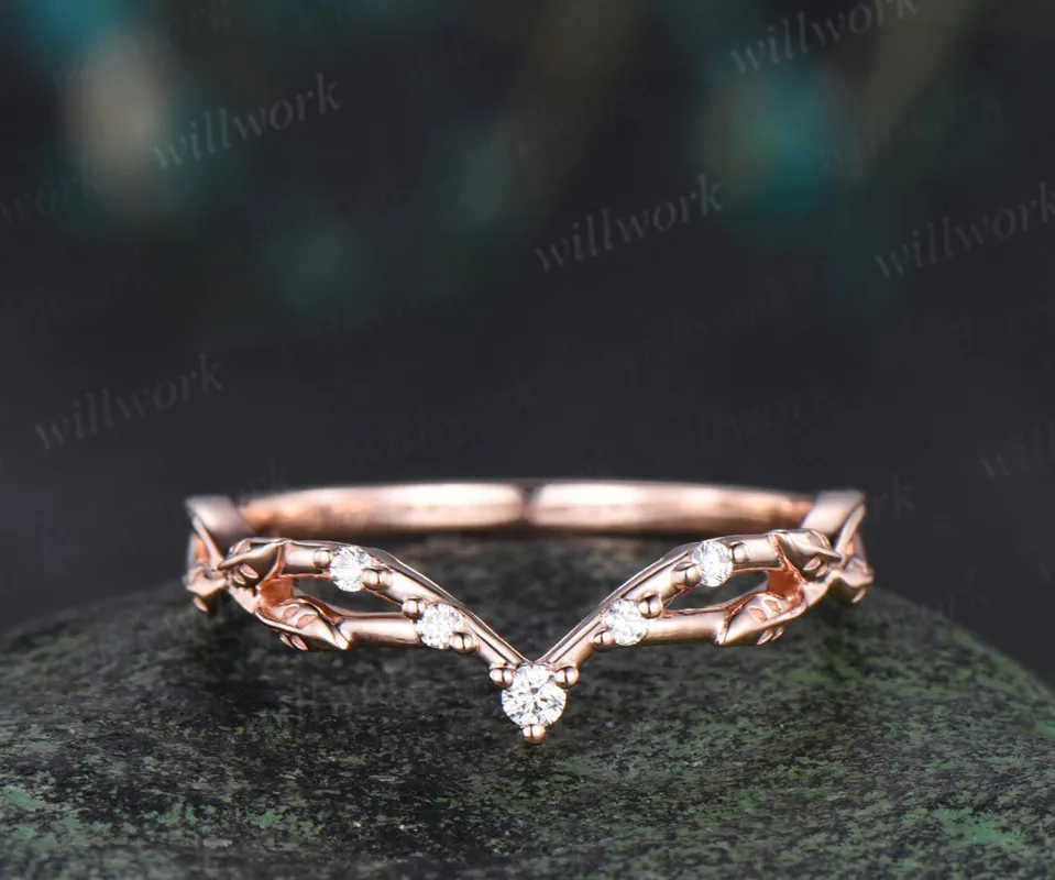 Curved moissanite wedding band leaf split shank stackable ring diamond wedding band for women gifts for her sold by Willwork Jewelry